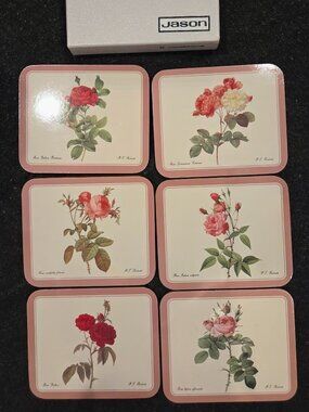 Vintage Jason New Zealand Redoute Roses Cork Backed Coasters Set of 6 Boxed